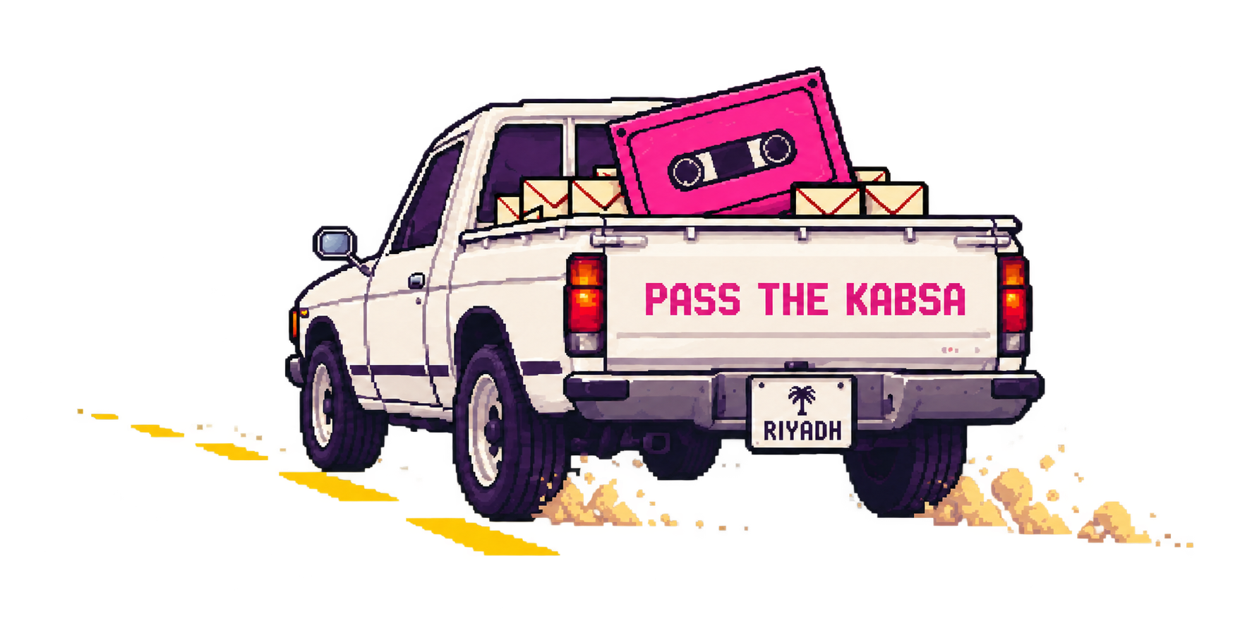 Pixel-art white pickup carrying mail and a pink cassette, with Pass the Kabsa on the tailgate
