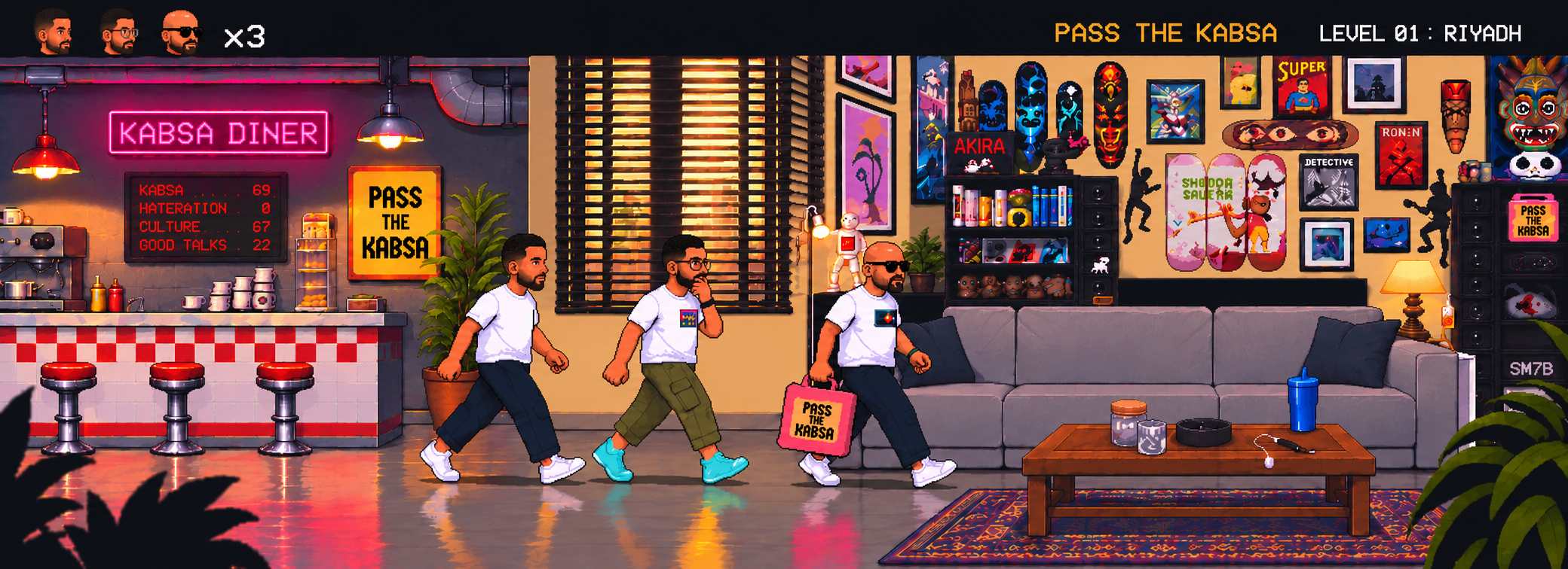 Pixel art of the three Pass The Kabsa hosts walking from Kabsa Diner toward the studio couch, carrying the pink Pass The Kabsa bag.